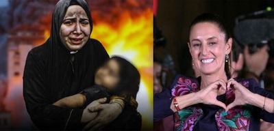 Claudia Sheinbaum aun no ha condenado el genocidio de Gaza. montaje Yuma - Copie.jpg